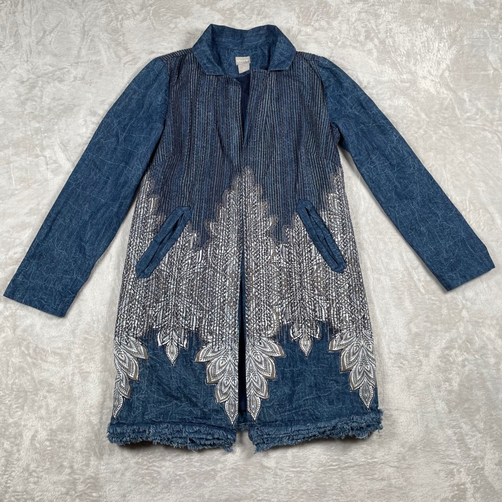 Chico's Size 0 Denim Look Burnout Print Long‎ Sleeve Open Front Jacket